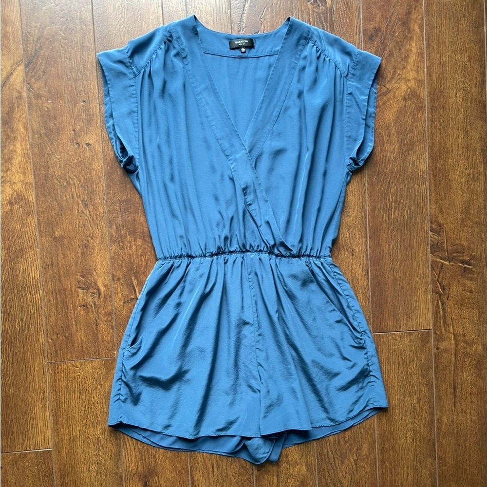 Aritzia Large 100% Silk Babaton Surplice Romper Jumpsuit. Royal Blue. - Picture 6 of 11